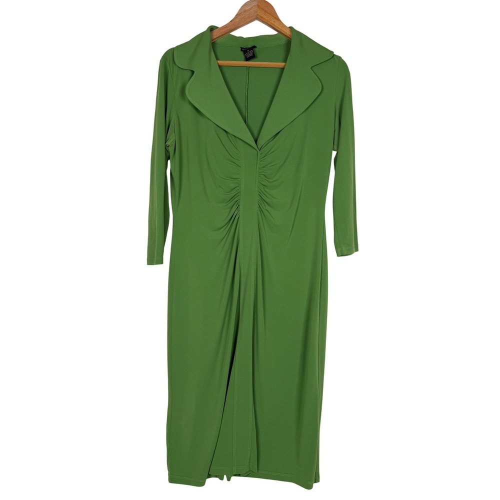 Barrie Pace Sheath Dress Womens 10 Green Ruched V-Neck 3/4 Sleeve‎ Midi Business